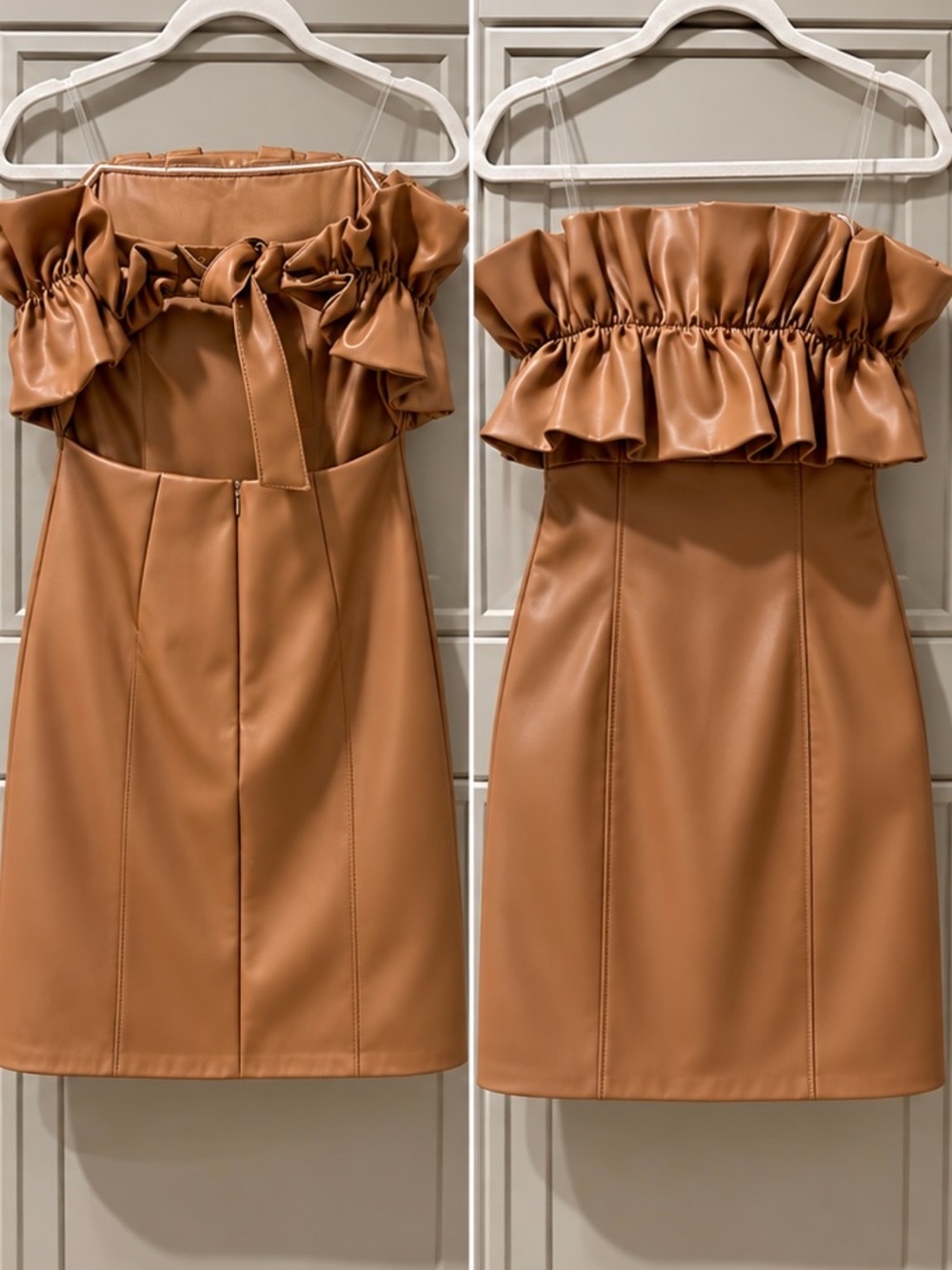 Strapless Ruffle Faux-Leather Dress in Caramel